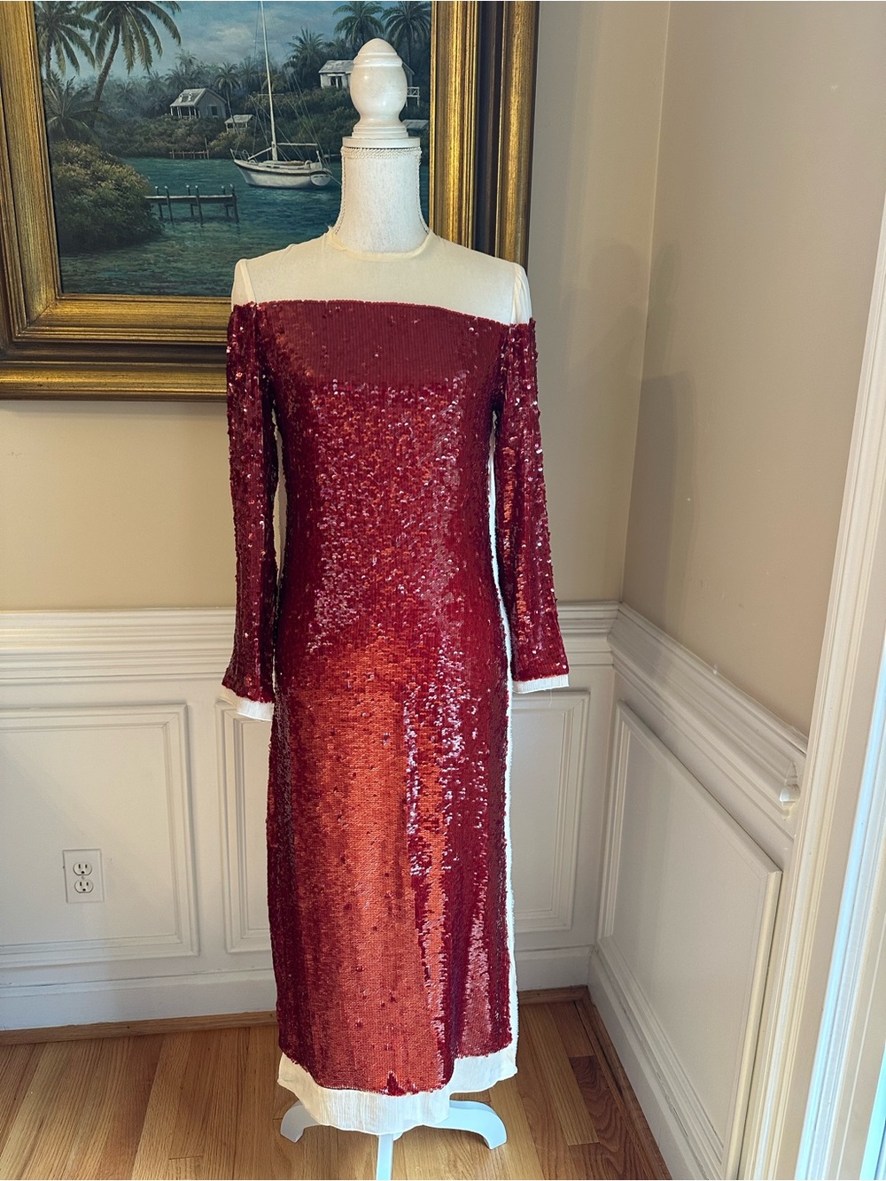 ZARA Red Sequin Sheer Long Sleeve Midi Dress NWT